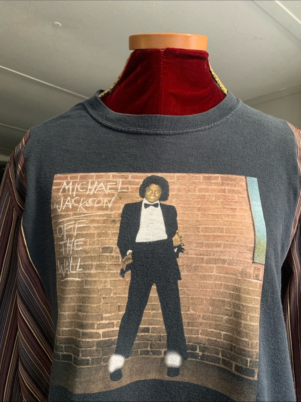 Upcycled “Michael Jackson” Graphic Tee with Men’s Dress Shirt - Picture 2 of 8